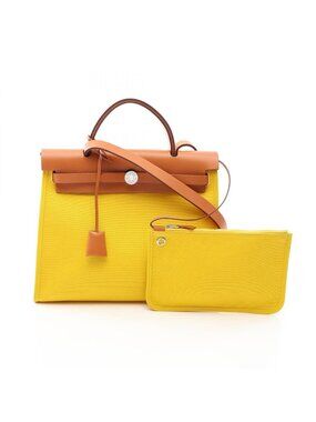 Hermes Handbag Herbag Zip PM 2-Way Jaune Naple Natural Canvas Leather